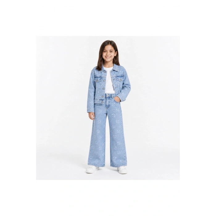 Kız Çocuk Lazer Kedi Baskılı Kot Ceket Pantolon Takımı – Geniş Paça 2’li Denim Set