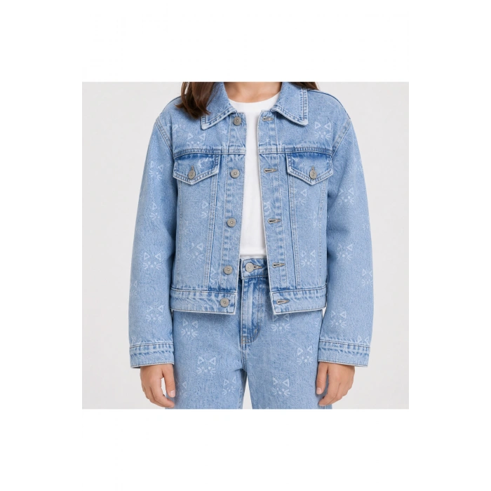 Kız Çocuk Lazer Kedi Baskılı Kot Ceket Pantolon Takımı – Geniş Paça 2’li Denim Set