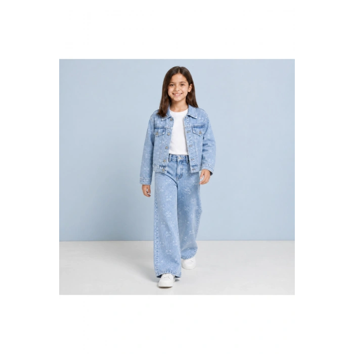 Kız Çocuk Lazer Kedi Baskılı Kot Ceket Pantolon Takımı – Geniş Paça 2’li Denim Set