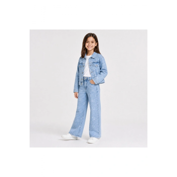 Kız Çocuk Lazer Kedi Baskılı Kot Ceket Pantolon Takımı – Geniş Paça 2’li Denim Set