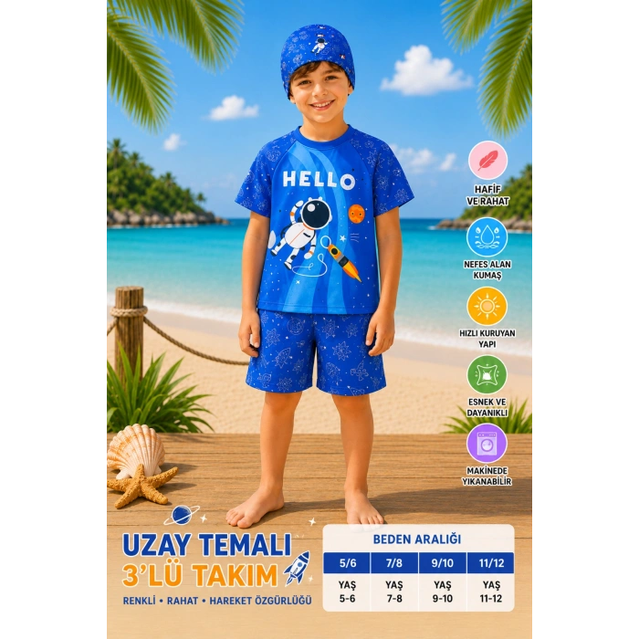 Erkek Çocuk Uzay Baskılı 3’lü Mayo Takımı – Tişört, Şort ve Bone