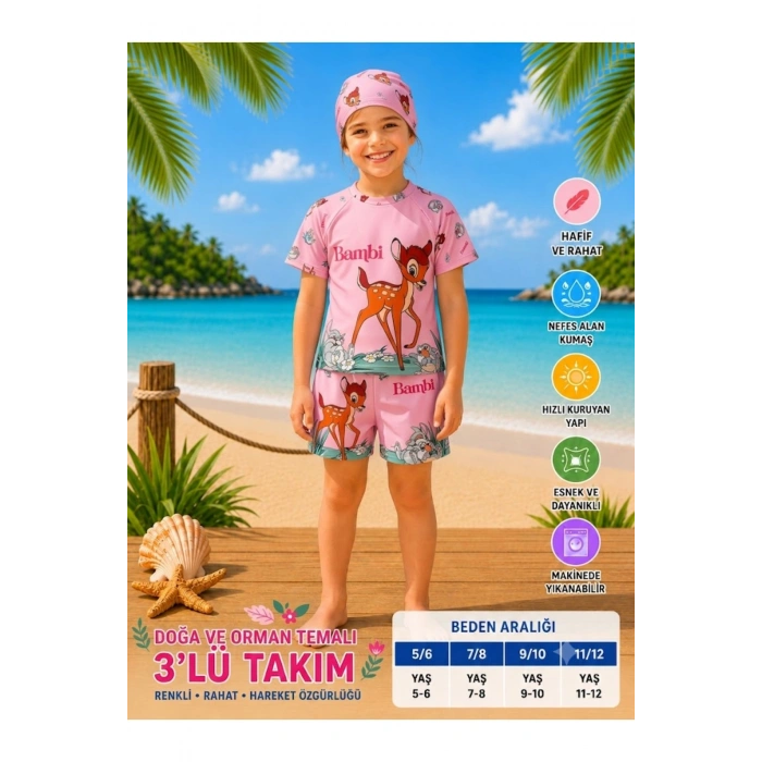 Kız Çocuk Beyaz Şapkalı Mayo Takımı - 3 Parça