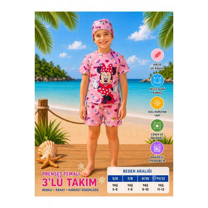 Kız Çocuk UV Korumalı Mayo Takımı Şapkalı 3 Parça