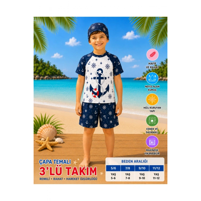 Erkek Çocuk Beyaz Şapkalı Mayo Takımı - 3 Parça
