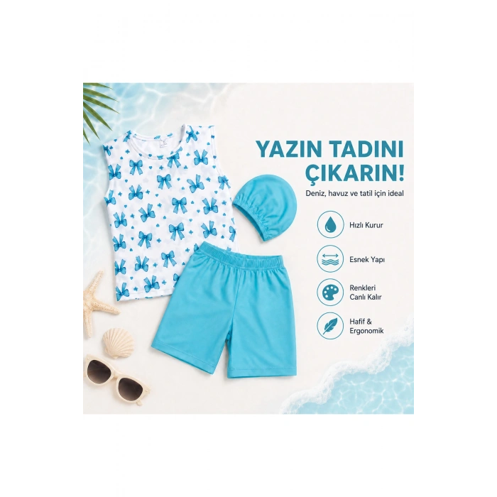 Kız Çocuk Mavi Fiyonk Desenli 3’lü Mayo Takımı