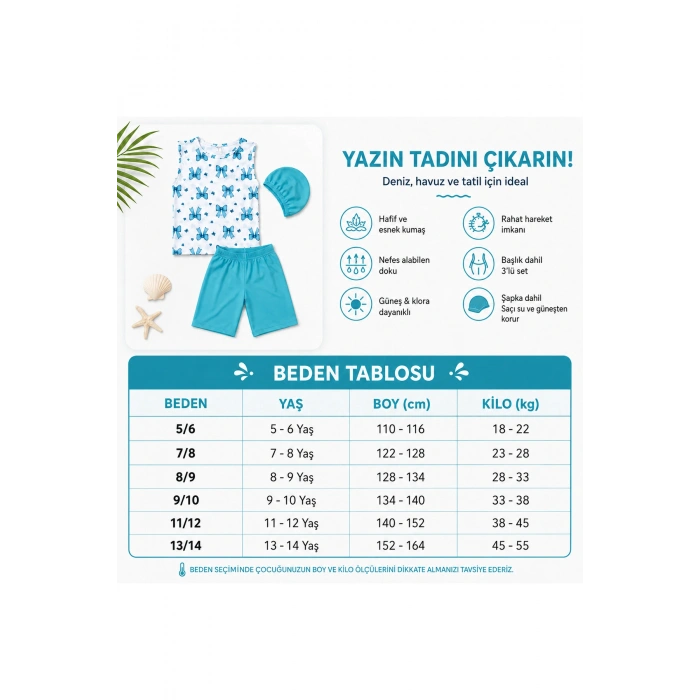 Kız Çocuk Mavi Fiyonk Desenli 3’lü Mayo Takımı