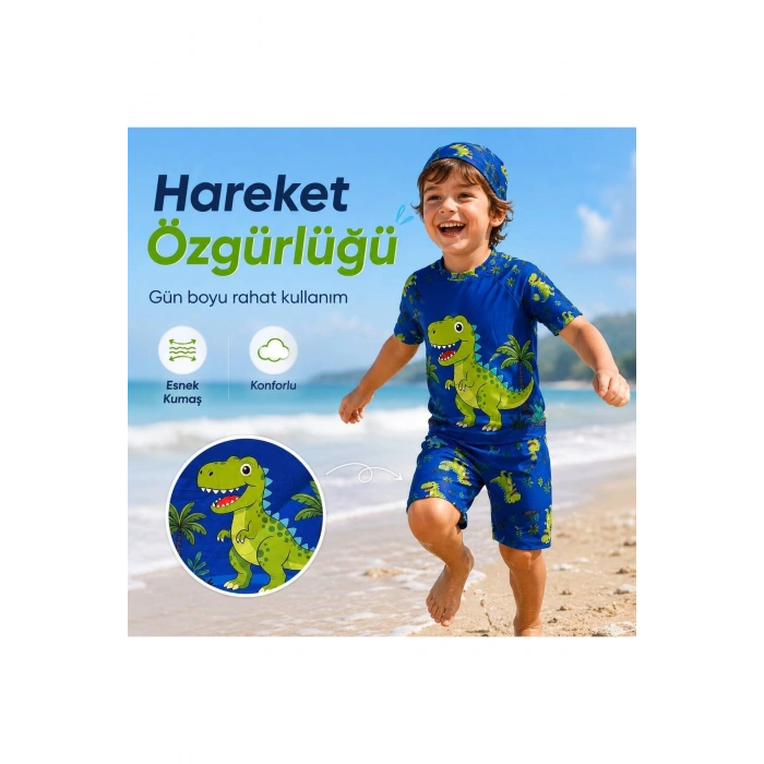Erkek Çocuk Dinozor Desenli Mayo Takımı 3 Parça UV Korumalı Tişört Şort Bone Mavi