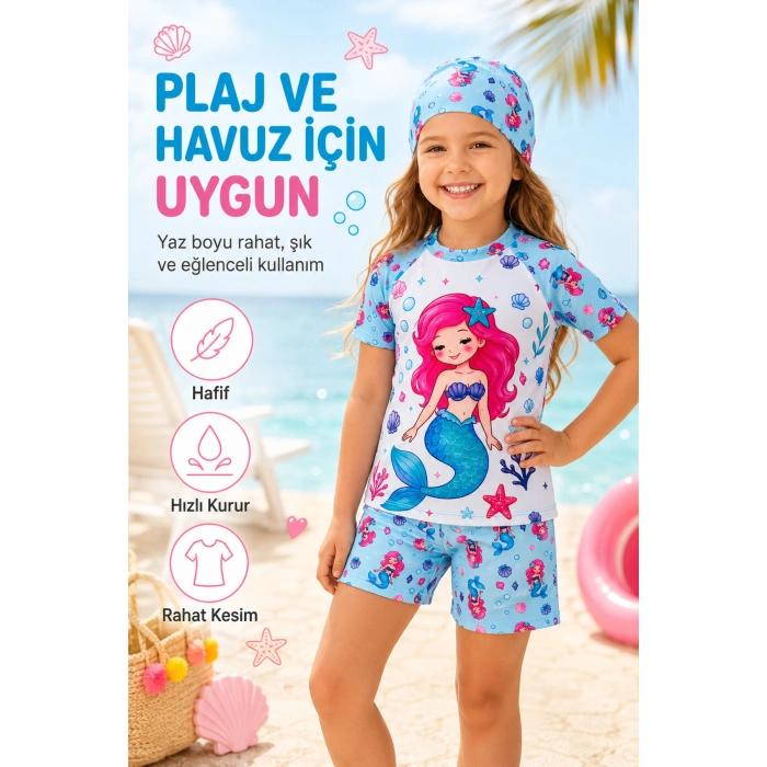 Kız Çocuk 3’lü Plaj Takımı Deniz Kızı Desenli Mayo Seti Bone Şortlu