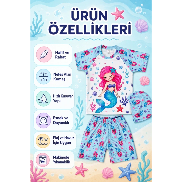 Kız Çocuk 3’lü Plaj Takımı Deniz Kızı Desenli Mayo Seti Bone Şortlu