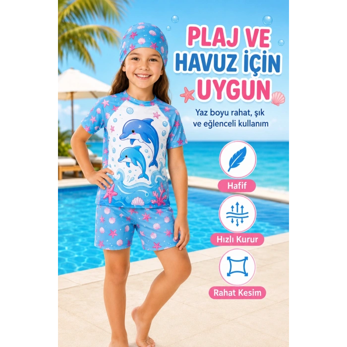 Kız Çocuk Yunus Desenli 3’lü Plaj Takımı Şortlu Mayo Seti Bone Dahil