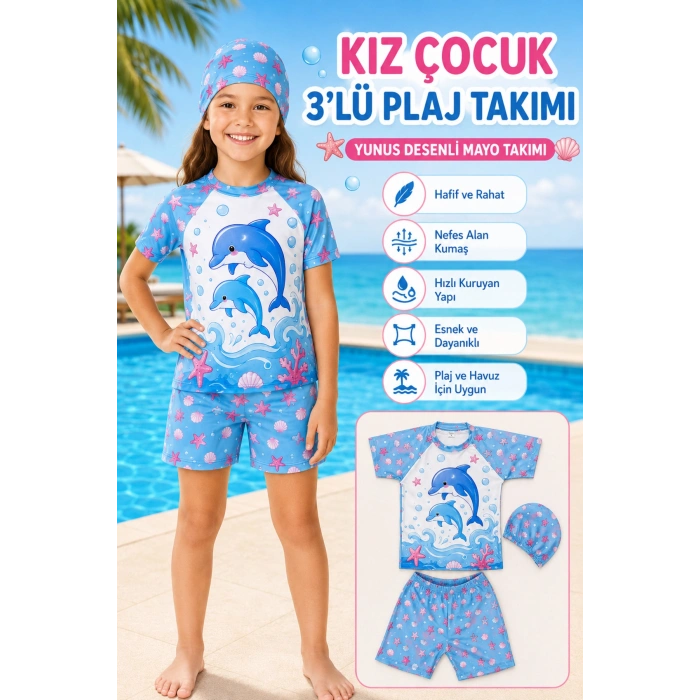Kız Çocuk Yunus Desenli 3’lü Plaj Takımı Şortlu Mayo Seti Bone Dahil