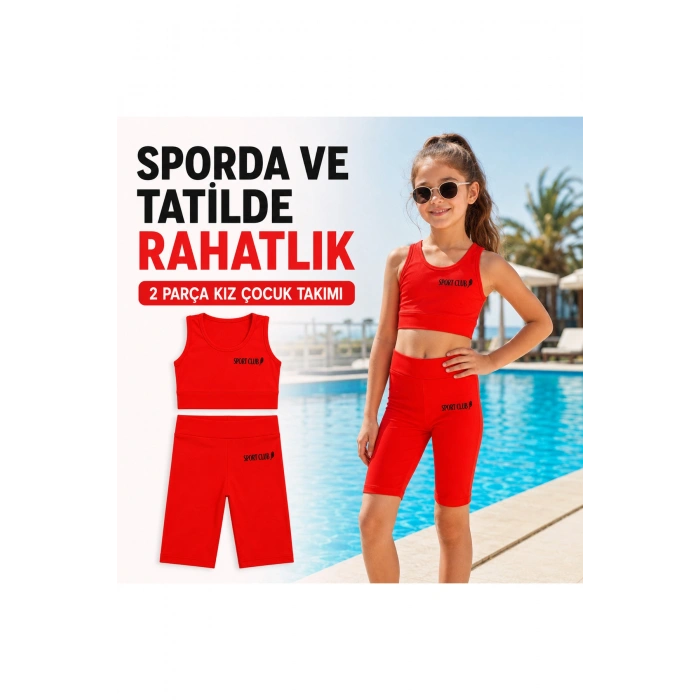 Kız Çocuk Neon Kırmızı Crop Üst ve Uzun Şortlu Mayo Takımı - 2 Parça