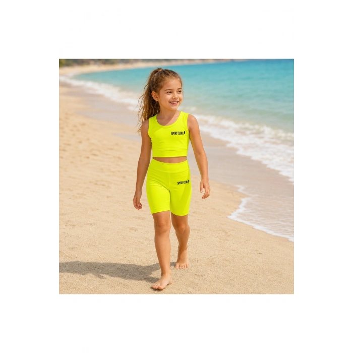 Kız Çocuk Neon Sarı Crop Üst ve Uzun Şortlu Mayo Takımı - 2 Parça