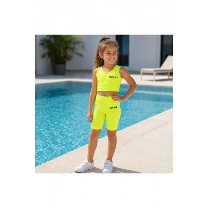 Kız Çocuk Neon Sarı Crop Üst ve Uzun Şortlu Mayo Takımı - 2 Parça