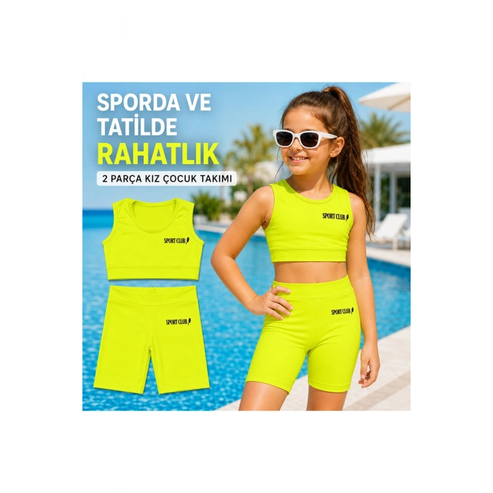Kız Çocuk Neon Sarı Crop Üst ve Uzun Şortlu Mayo Takımı - 2 Parça