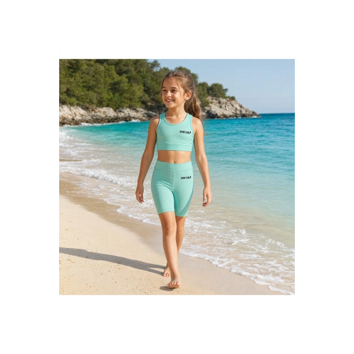 Kız Çocuk Mint Yeşili Crop Üst ve Uzun Şortlu Mayo Takımı - 2 Parça