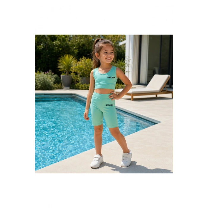 Kız Çocuk Mint Yeşili Crop Üst ve Uzun Şortlu Mayo Takımı - 2 Parça