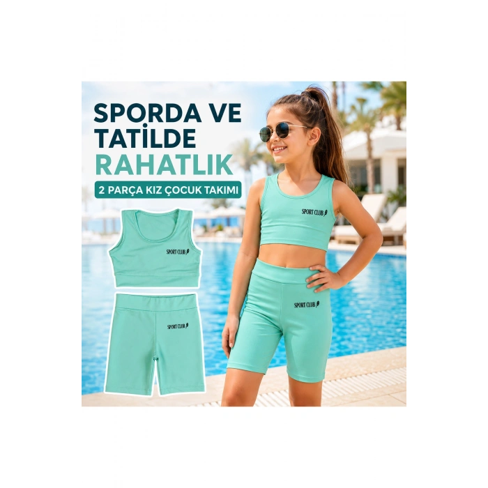 Kız Çocuk Mint Yeşili Crop Üst ve Uzun Şortlu Mayo Takımı - 2 Parça