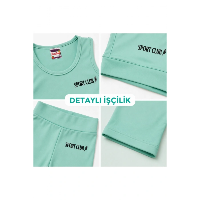 Kız Çocuk Mint Yeşili Crop Üst ve Uzun Şortlu Mayo Takımı - 2 Parça