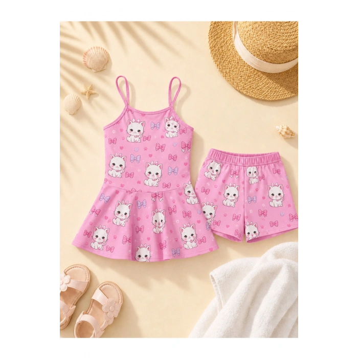 Kız Çocuk Pembe Kedi Desenli Askılı Etek Görünümlü Şortlu İkili Takım