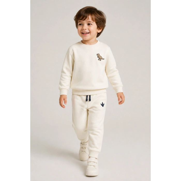 Erkek Çocuk Krem Dinozor Nakışlı Pamuklu 2 İplik Sweatshirt ve Lastik Paçalı Eşofman Takımı