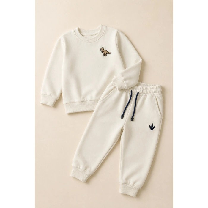 Erkek Çocuk Krem Dinozor Nakışlı Pamuklu 2 İplik Sweatshirt ve Lastik Paçalı Eşofman Takımı