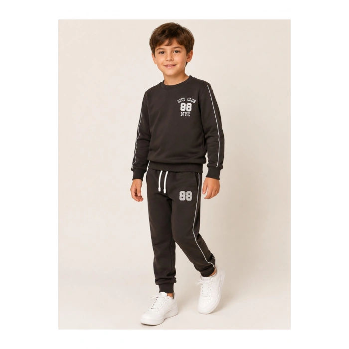 Erkek Çocuk Koyu Kahverengi 88 Nakışlı Biyeli Sweatshirt Jogger Eşofman Takımı