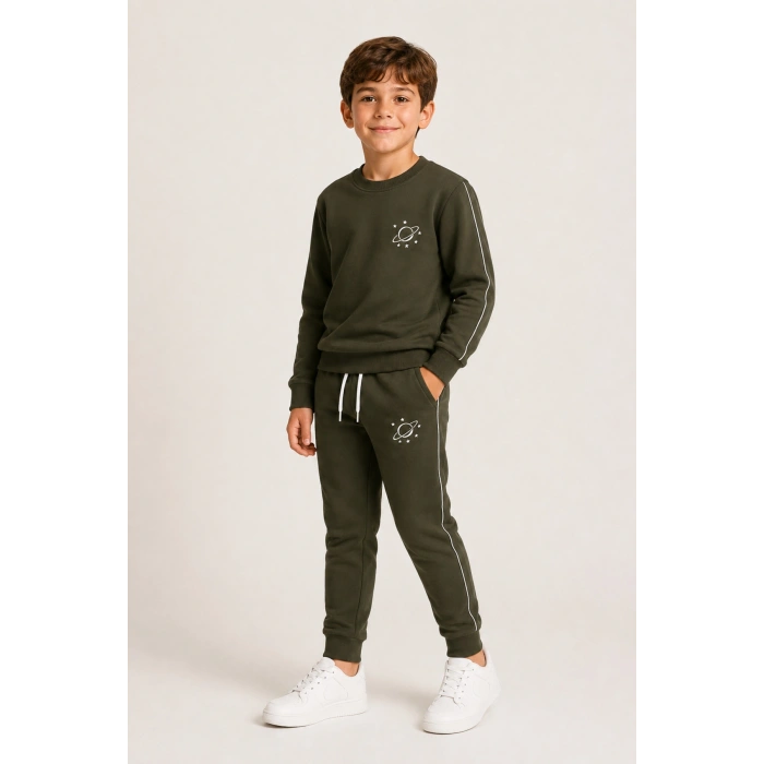 Erkek Çocuk Haki Gezegen Baskılı Beyaz Biyeli Sweatshirt Jogger Eşofman Takımı