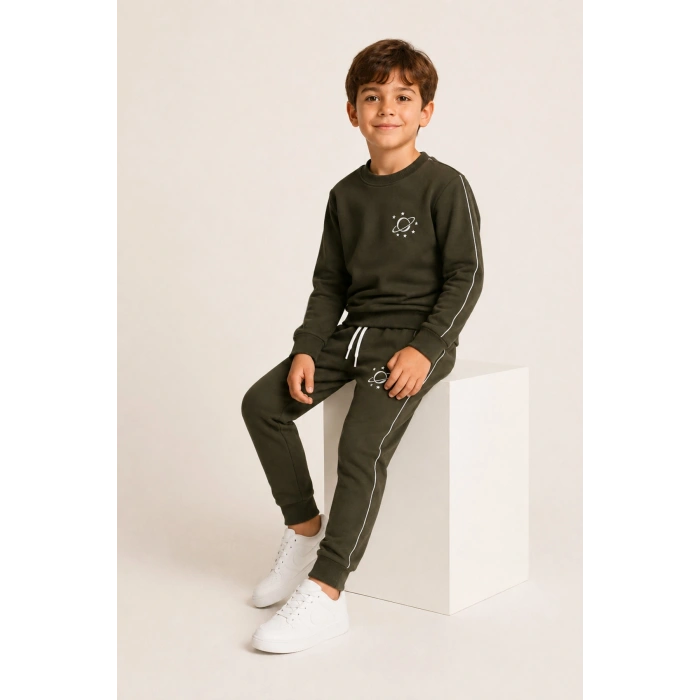 Erkek Çocuk Haki Gezegen Baskılı Beyaz Biyeli Sweatshirt Jogger Eşofman Takımı