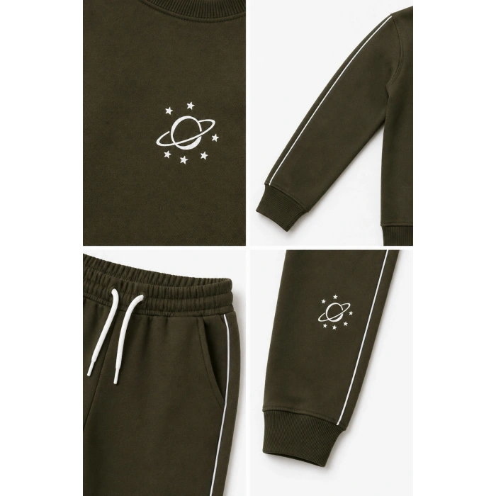 Erkek Çocuk Haki Gezegen Baskılı Beyaz Biyeli Sweatshirt Jogger Eşofman Takımı