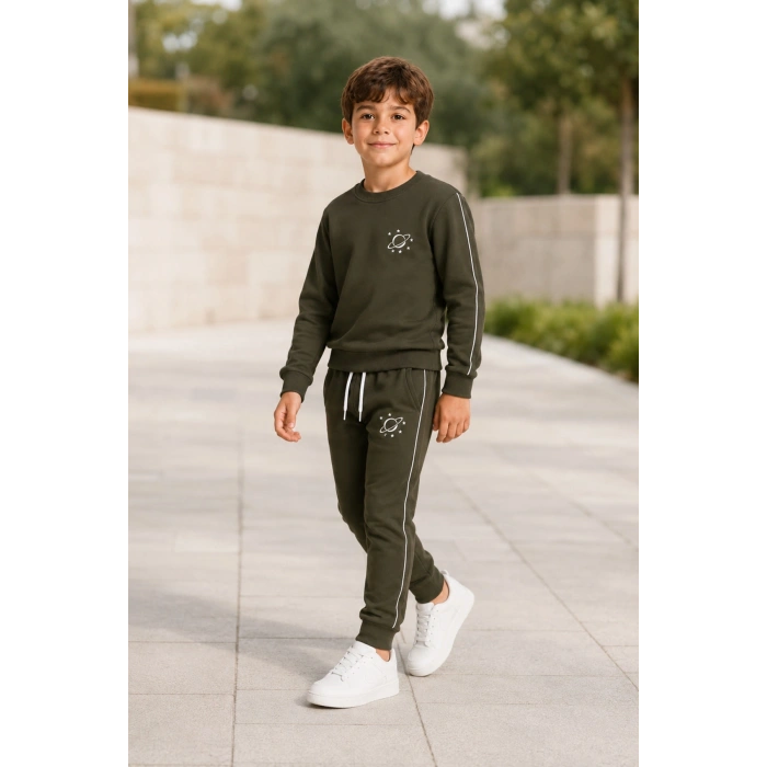 Erkek Çocuk Haki Gezegen Baskılı Beyaz Biyeli Sweatshirt Jogger Eşofman Takımı