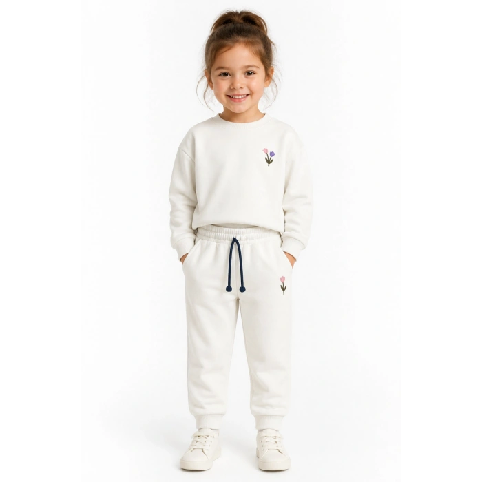 Kız Çocuk Krem Çiçek Nakışlı Pamuklu 2 İplik Sweatshirt ve Lastik Paçalı Eşofman Takımı