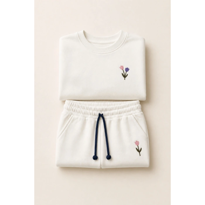 Kız Çocuk Krem Çiçek Nakışlı Pamuklu 2 İplik Sweatshirt ve Lastik Paçalı Eşofman Takımı