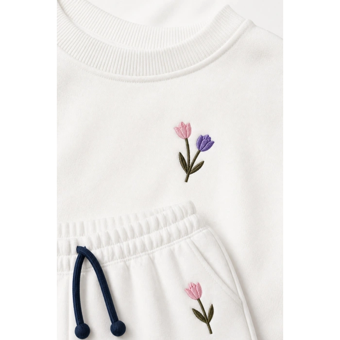 Kız Çocuk Krem Çiçek Nakışlı Pamuklu 2 İplik Sweatshirt ve Lastik Paçalı Eşofman Takımı