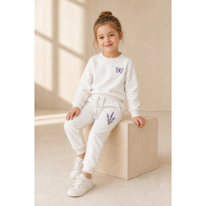 Kız Çocuk Krem Kelebek ve Lavanta Nakışlı Pamuklu 2 İplik Sweatshirt Eşofman Takımı