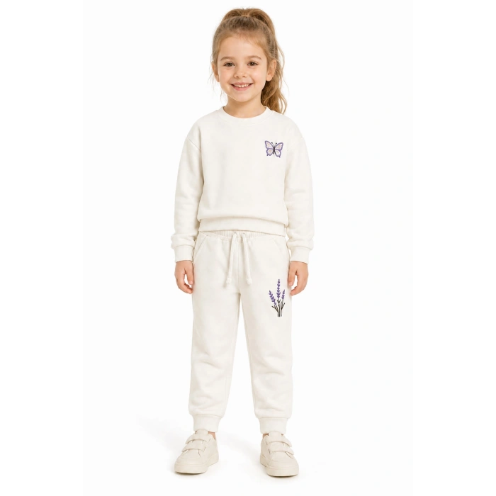 Kız Çocuk Krem Kelebek ve Lavanta Nakışlı Pamuklu 2 İplik Sweatshirt Eşofman Takımı