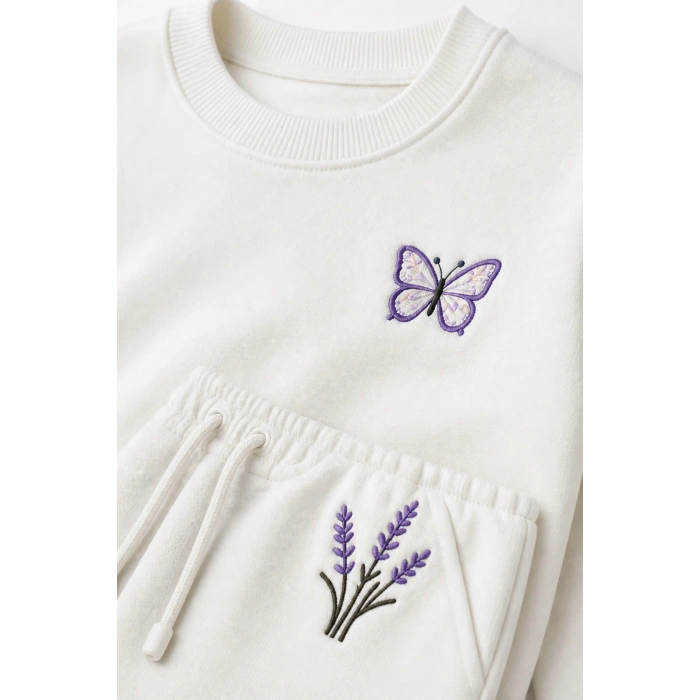 Kız Çocuk Krem Kelebek ve Lavanta Nakışlı Pamuklu 2 İplik Sweatshirt Eşofman Takımı
