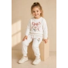 Kız Çocuk Ekru Fiyonk ve Papatya Baskılı 2 İplik Sweatshirt Eşofman Takımı