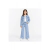 Kız Çocuk Lazer Kedi Baskılı Kot Ceket Pantolon Takımı – Geniş Paça 2’li Denim Set