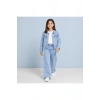 Kız Çocuk Lazer Kedi Baskılı Kot Ceket Pantolon Takımı – Geniş Paça 2’li Denim Set