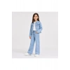 Kız Çocuk Lazer Kedi Baskılı Kot Ceket Pantolon Takımı – Geniş Paça 2’li Denim Set
