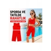 Kız Çocuk Neon Kırmızı Crop Üst ve Uzun Şortlu Mayo Takımı - 2 Parça