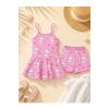 Kız Çocuk Pembe Kedi Desenli Askılı Etek Görünümlü Şortlu İkili Takım