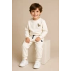 Erkek Çocuk Krem Dinozor Nakışlı Pamuklu 2 İplik Sweatshirt ve Lastik Paçalı Eşofman Takımı
