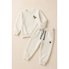 Erkek Çocuk Krem Dinozor Nakışlı Pamuklu 2 İplik Sweatshirt ve Lastik Paçalı Eşofman Takımı