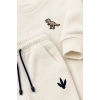 Erkek Çocuk Krem Dinozor Nakışlı Pamuklu 2 İplik Sweatshirt ve Lastik Paçalı Eşofman Takımı