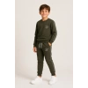 Erkek Çocuk Haki Gezegen Baskılı Beyaz Biyeli Sweatshirt Jogger Eşofman Takımı