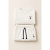 Kız Çocuk Krem Çiçek Nakışlı Pamuklu 2 İplik Sweatshirt ve Lastik Paçalı Eşofman Takımı