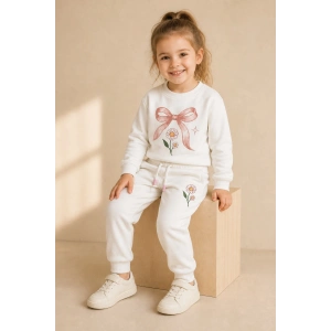 Kız Çocuk Ekru Fiyonk ve Papatya Baskılı 2 İplik Sweatshirt Eşofman Takımı