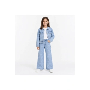 Kız Çocuk Lazer Kedi Baskılı Kot Ceket Pantolon Takımı – Geniş Paça 2’li Denim Set